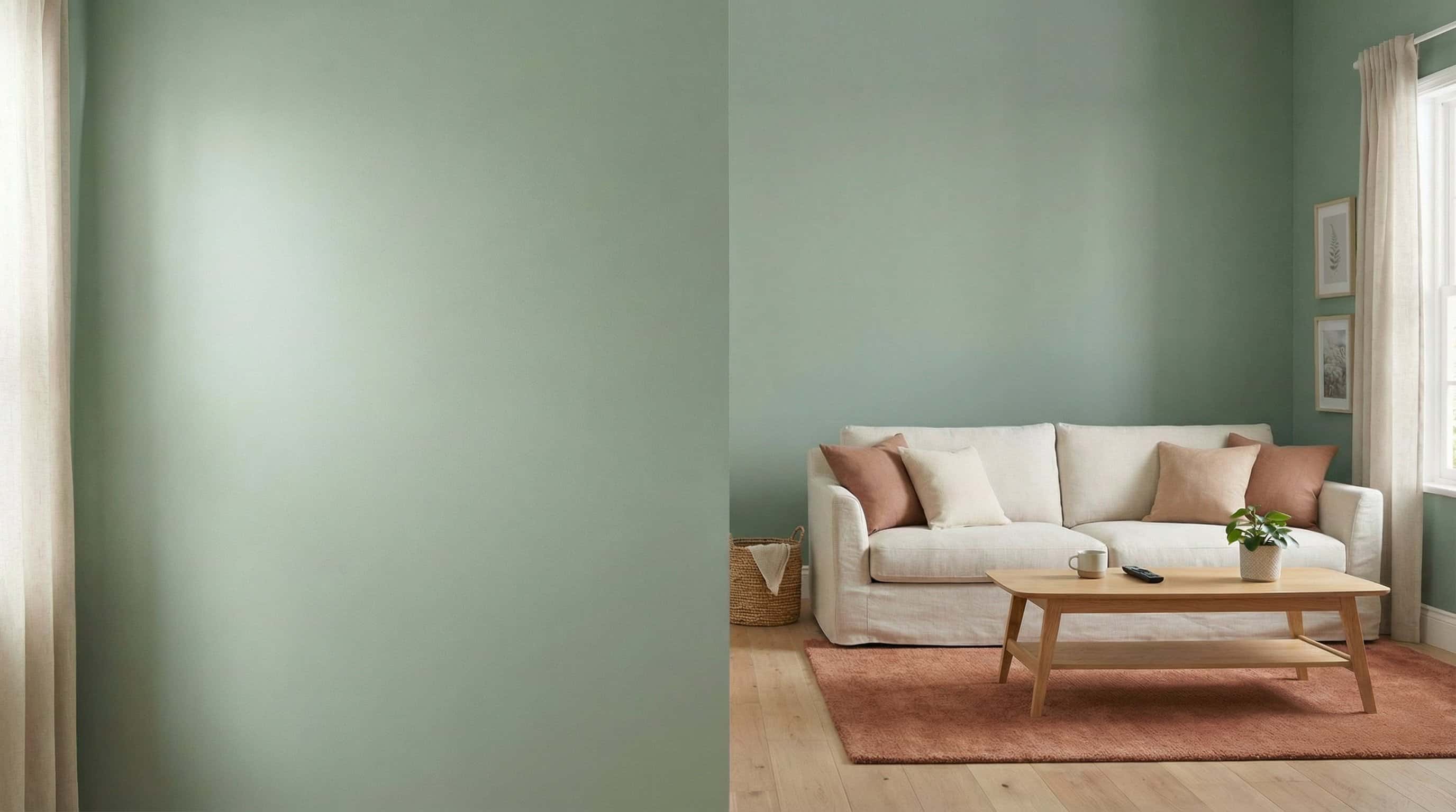 Fresh clean living room with sage green walls and modern minimalist decor